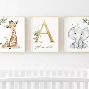 Animal Jungle Safari Floral Personalised Trio Set of 3 Floral Name Nursery Birth New Baby Children's Picture Print Keepsake Gift Unframed