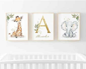 Animal Jungle Safari Floral Personalised Trio Set of 3 Floral Name Nursery Birth New Baby Children's Picture Print Keepsake Gift Unframed