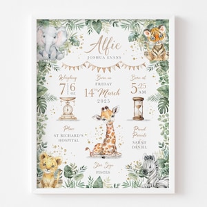 Personalisierte Safari Tiere Neues Baby Druck, Geburtsanzeige, Name Poster, Neutral Kinderzimmer, Dschungel, Bild, Stats Print, Geschenk, ungerahmt