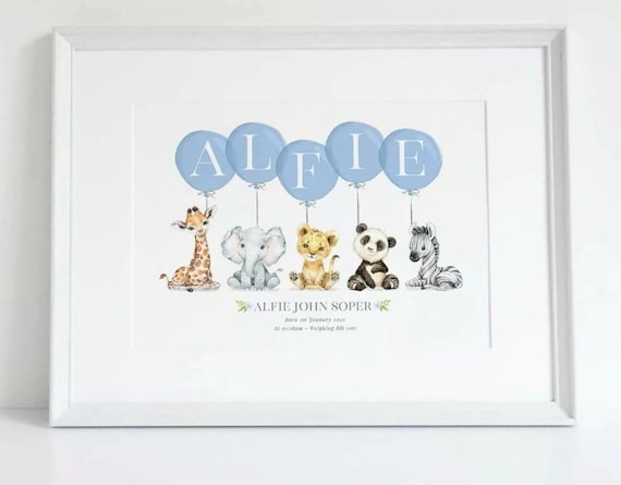 Personalised Jungle Baby Animal Print Christening Gift Nursery Wall Art Poster 
