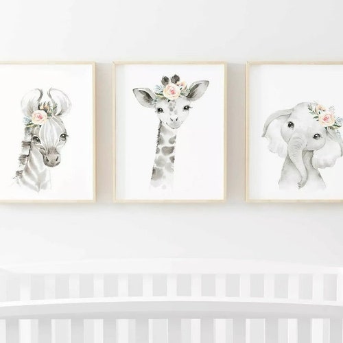 Animal Jungle Floral Personalised Trio Set of 3 Floral Name Nursery Birth New Baby Children's Picture Print Keepsake Gift Unframed