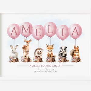 Póster personalizado con globo de animales del bosque, nombre, foto de nacimiento de bebé, regalo de bautizo, sin marco