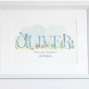 Puede incluir: Una impresión personalizada de nombre de bebé azul y blanco con el nombre "Oliver" y personajes de Peter Rabbit. La impresión incluye el texto "Oliver John Thompson Nacido el 20 de enero de 2020 a las 8:30 pm - Peso 7lb 8oz"