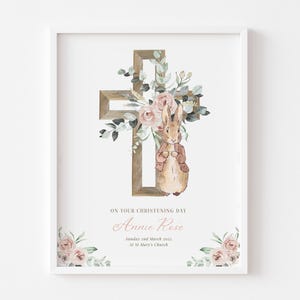 Regalo de bautizo personalizado de Peter Rabbit, Beatrix Potter, bautismo, cruz floral, nombre del bebé, nacimiento, imagen, impresión, póster, sin marco