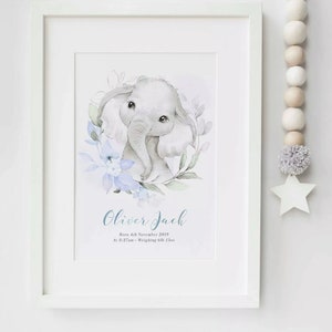 Impresión de imagen de elefante personalizada con flores para bebé, nombre de animal, guardería, nacimiento, bautizo, regalo sin marco