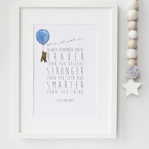 Winnie Puuh Foto Wanddekor Ballon Spruch mutiger Stärker Kinderzimmer Geburt New Baby Bild Druck Taufe Geschenk Ungerahmt