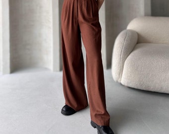 Terracotta Women's Linen Wide Leg Pants / Linen Trousers For Women / Natural Pants Palazzo