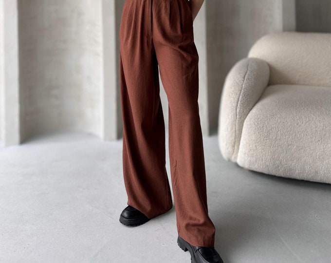 Terracotta Women's Linen Wide Leg Pants / Linen Trousers For Women / Natural Pants Palazzo