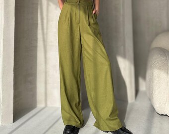 Olive Green Women's Linen Wide Leg Pants / Linen Trousers For Women / Natural Pants Palazzo