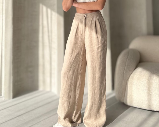 Beige Women's Linen Wide Leg Pants / Linen Trousers For Women / Natural Pants Palazzo