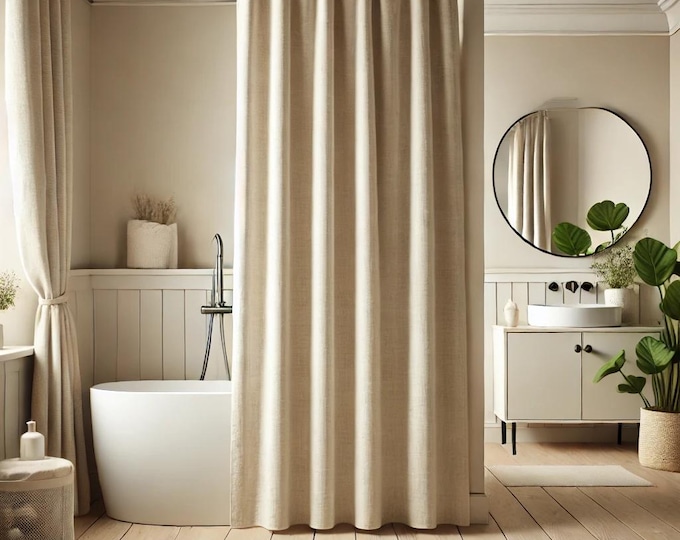 Waterproof Linen Shower Curtain , Bathroom Curtain , Shower Curtains With Loops ,   Custom Shower Curtain , Natural Shower Curtain