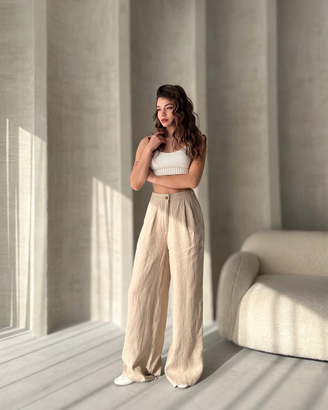 Wide leg linen beige pants main image 1