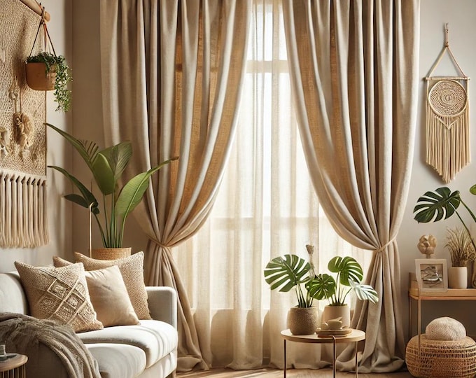 Natural Linen Curtains -  Pure Linen Drapes – Custom Size Modern - Window Treatments  Light Filtering Privacy Curtains Living Room - Bedroom