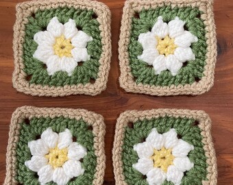 Daisy Granny Square coaster set of 5, handmade crochet home decor