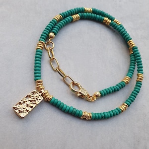 Turquoise Beaded Necklace, Thin Dainty Turquoise Necklace, Gold Pendant, Unique Gift For Her, Genuine Gemstone Jewelry, Boho Chic Choker