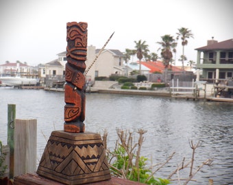 Marquesan tiki warrior with spear and pedestal