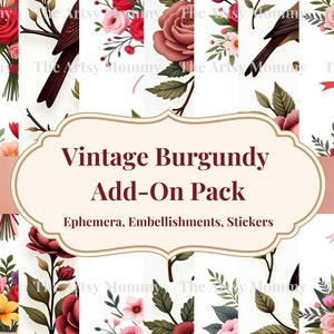 Pacchetto di adesivi vintage bordeaux. Adesivi stampabili e blocco di carta digitale per diario, album di ritagli, decorazioni murali e altro ancora.