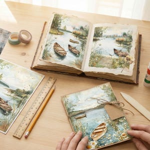 Watercolor Lake Fishing Digital Paper. Rustic Nature Backgrounds, A4 Vintage Junk Journal Scenery
