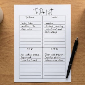 May include: A white To Do List on a wooden surface, with handwritten tasks categorized as Time Sensitive, Important, Must Do, and Need to Do. A black pen rests on the right side, with a cup of coffee and a small plant in the background.
