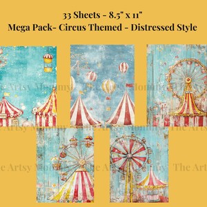 33 sheets of vintage, distressed, digital paper featuring a Fun Haus, Circus/Big Top, Carnival theme.