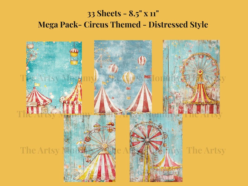 33 sheets of vintage, distressed, digital paper featuring a Fun Haus, Circus/Big Top, Carnival theme.