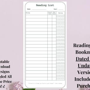 Reading List Bookmark. Custom Printable Bookmarks for Women and Book Lovers Gift