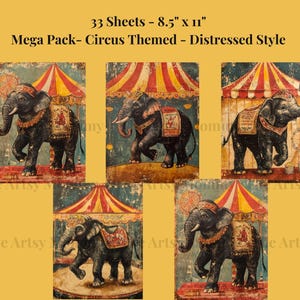 33 sheets of vintage, distressed, digital paper featuring a Fun Haus, Circus/Big Top, Carnival theme.