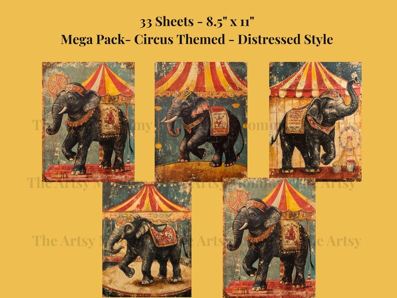 33 sheets of vintage, distressed, digital paper featuring a Fun Haus, Circus/Big Top, Carnival theme.