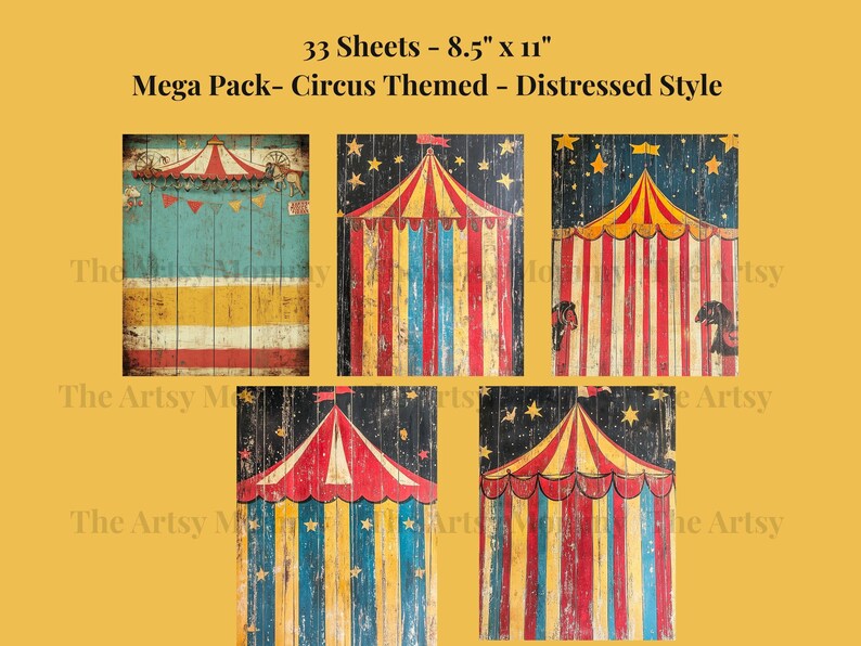 33 sheets of vintage, distressed, digital paper featuring a Fun Haus, Circus/Big Top, Carnival theme.
