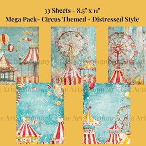 33 sheets of vintage, distressed, digital paper featuring a Fun Haus, Circus/Big Top, Carnival theme.