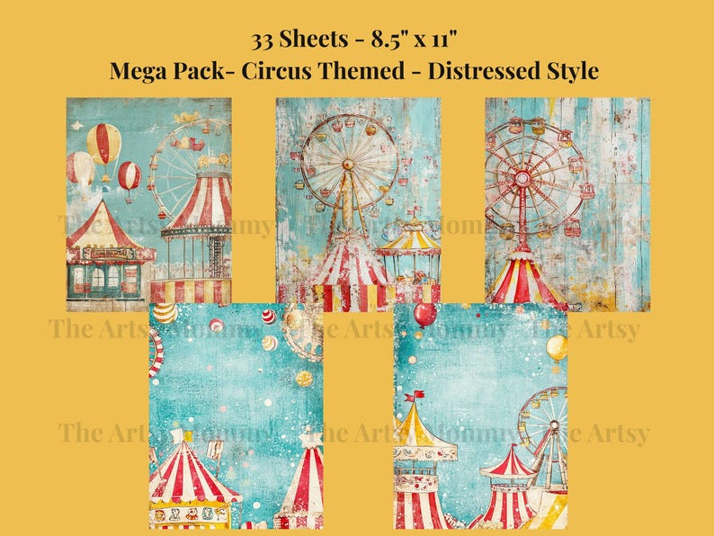 33 sheets of vintage, distressed, digital paper featuring a Fun Haus, Circus/Big Top, Carnival theme.