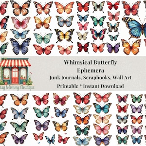 Éphémères papillons fantaisistes. Clipart papillon imprimable, éphémères de Junk Journal & découpes de scrapbooking. Stickers cottage core, téléchargement immédiat