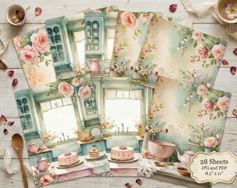 Floral Digital Paper. Coquette Kitchen, Culinary, Chef's Gift, Soft Girl, Junk Journal Kit Printable