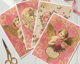 Papel digital vintage com querubins para o Dia dos Namorados. Imprimível, estilo vitoriano, folhas para diário de recortes com o tema Cupido, páginas para scrapbook.