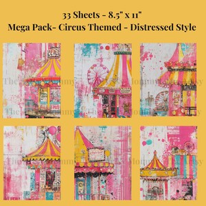 33 sheets of vintage, distressed, digital paper featuring a Fun Haus, Circus/Big Top, Carnival theme.