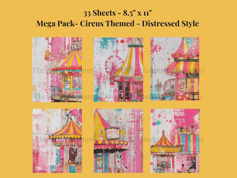 33 sheets of vintage, distressed, digital paper featuring a Fun Haus, Circus/Big Top, Carnival theme.