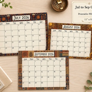 May include: Three printable calendar pages for July, August, and September 2026, each featuring a decorative border with brown, orange, and blue geometric patterns and tribal motifs. The pages are labeled 11 inches by 8.5 inches in the top right corner.
