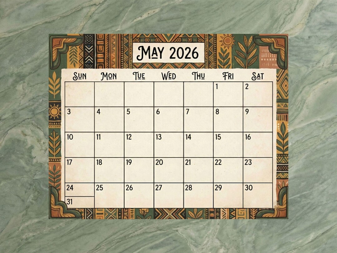 Calendario imprimible de mayo de 2026. Editable, PDF, Afro Boho ...