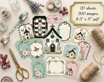 Birdhouse Vision Board Stickers. Whimsical Spring Ephemera, Shabby Chic Gift Tags, Pastel Fussy Cuts