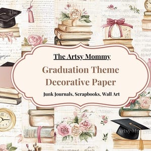 Papel digital de graduación para invitaciones, anuncios, álbumes de recortes y más. Decoración de graduación con temática literaria.