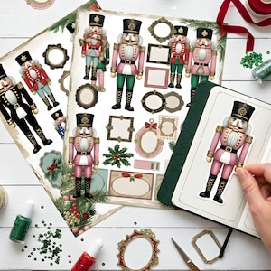 Kit de pegatinas digitales y adornos navideños de Cascanueces. Decoración vintage para diarios de recortes.