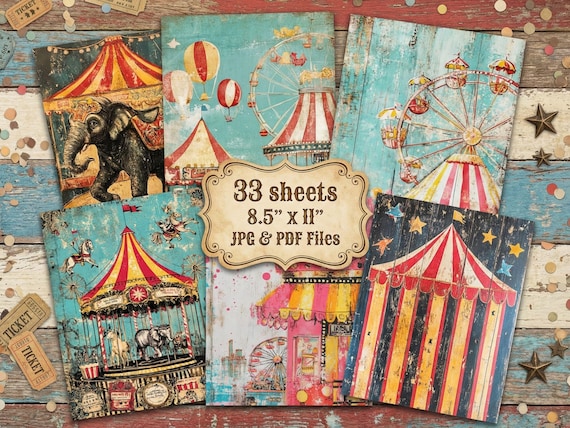 Vintage Circus Junk Journal Paper. Fun Haus, Digital, Printable, Victorian Circus core,  Scrapbook Pages