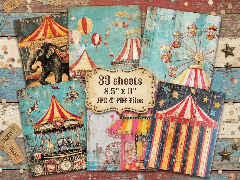 33 sheets of vintage, distressed, digital paper featuring a Fun Haus, Circus/Big Top, Carnival theme.