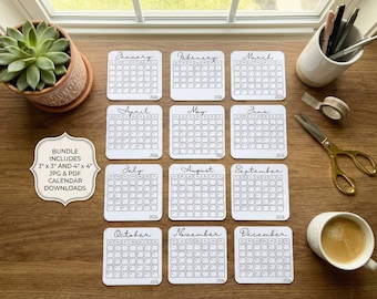 May include: A collection of white 2026 calendar cards, each labeled with a month, arranged on a wooden surface. A succulent in a terracotta pot, pens, scissors, tape, and a coffee cup are also present. The bundle includes 3" x 3" and 4" x 4" JPG & PDF calendar downloads.