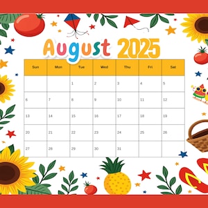August 2025 Calendar: Summer Theme, Editable Printable (PDF Download)