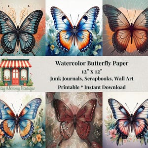 Watercolor Butterfly Digital Paper Pack. 12"x12” Printable Butterfly Art, Scrapbook Paper & Junk Journal Ephemera. Cottage core Wall Art