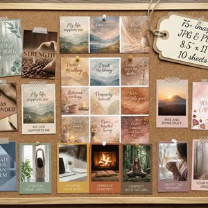May include: A corkboard displays inspirational cards with phrases like "My life supports me" and "Rise and shine daily." The board also includes a tag with text: "75+ images JPG & PDF 8.5" x 11" 10 sheets." The cards are attached with decorative tape.