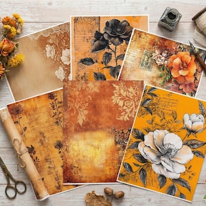 Paquete de papeles digitales con motivos florales vintage. Papel para álbum de recortes imprimible en tonos naranja y ámbar (PDF de 8.5 x 11 pulgadas).