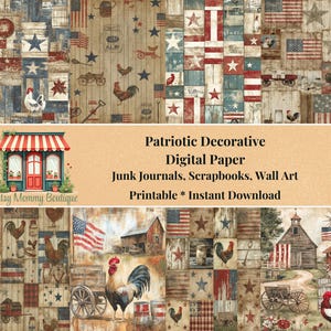 Papel digital rústico patriótico de granja / Kit de diario basura del 4 de julio / Papel vintage con bandera de EE. UU. / Papel para álbum de recortes Rooster & Barn