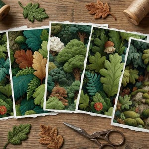 May include: Five art prints with forest scenes, featuring detailed illustrations of trees, leaves, and flowers in shades of green, brown, and orange. The prints are arranged on a wooden surface with spools of thread, scissors, and embroidered leaf accents.